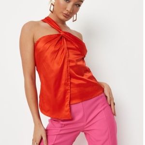 Missguided Orange Satin Twist Front One Shoulder Top